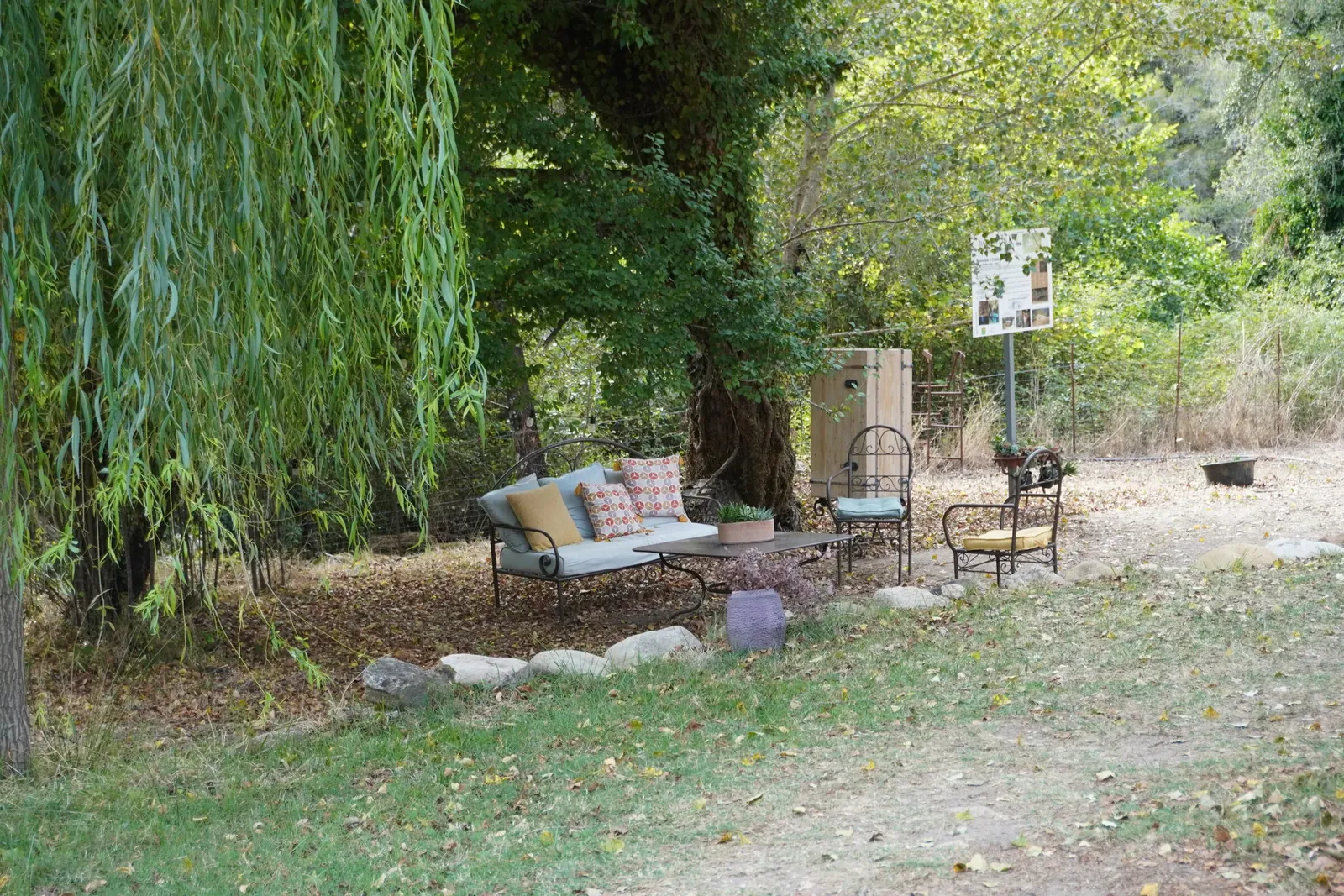 Le salon extérieur installé sous les saules